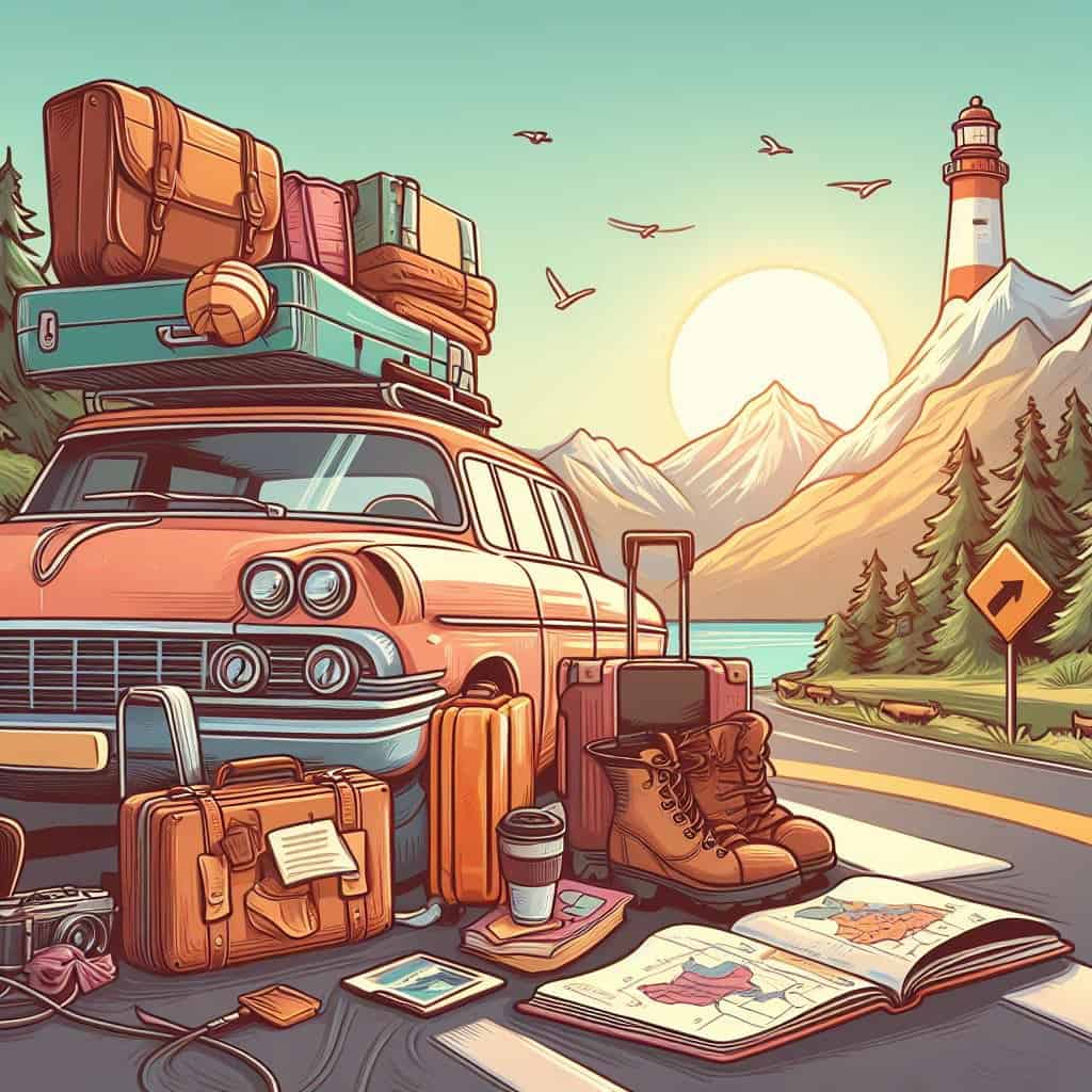 Illustration of a classic car on a road trip