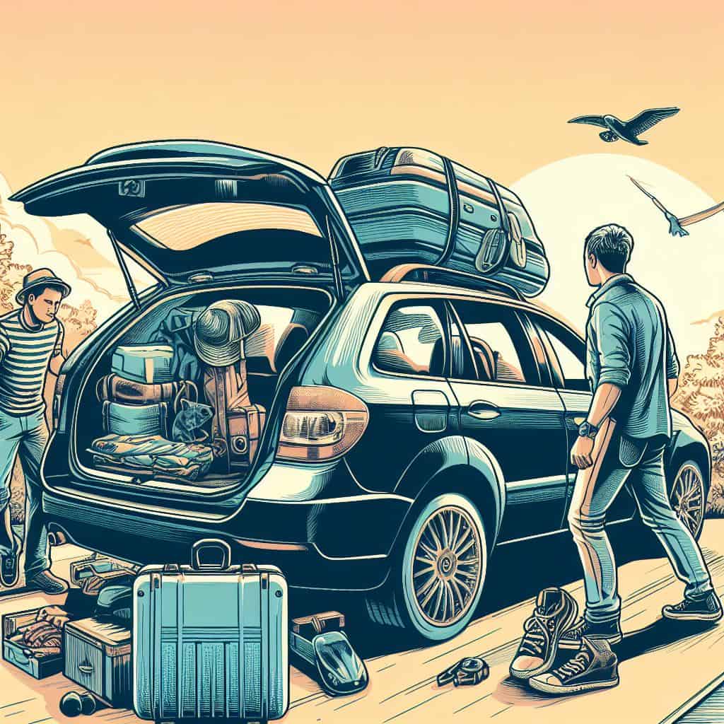 Illustration of people packing up a car for a trip